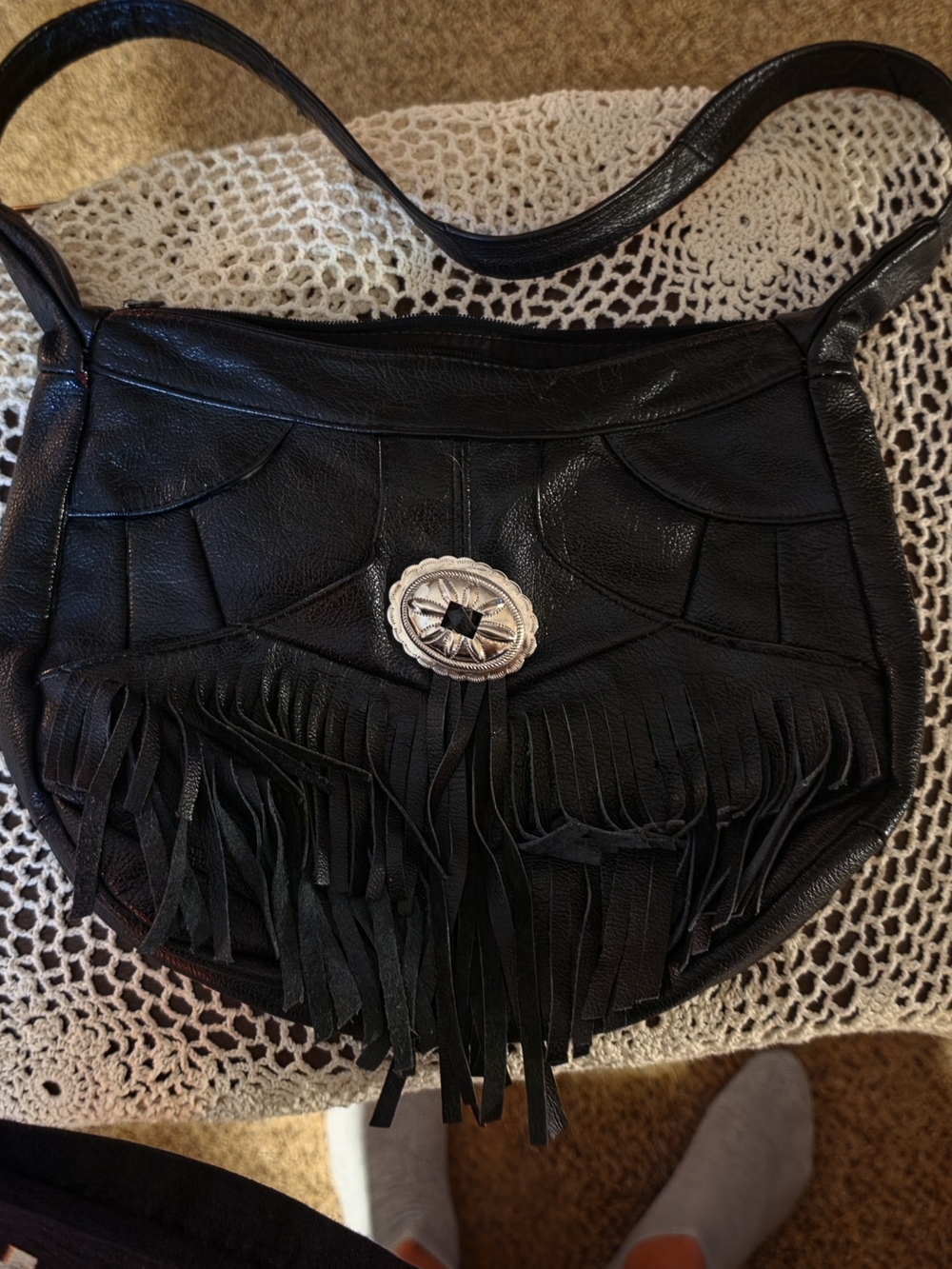 Boho Black Leather Fringe Shoulder Bag with Concho Detail